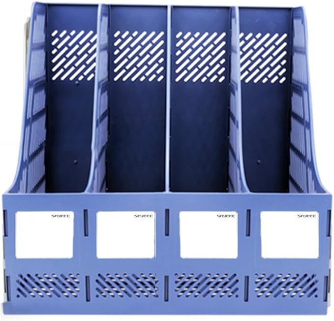 SAYEEC Sturdy Magazine Organizer Folder Desktop 4 Compartment File Holders Plastic Frames File Dividers Document Cabinet Rack Storage Box for Office Home School Blue