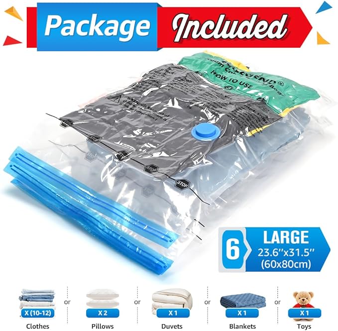 BoxLegend Vacuum Storage Bags with Hand Pump 6 Large 23.6’’x31.5’’ Thickened Vacuum Seal Bags for Clothing Coat Bedding Quilt Blanket Pillow Comforters-NeatNest