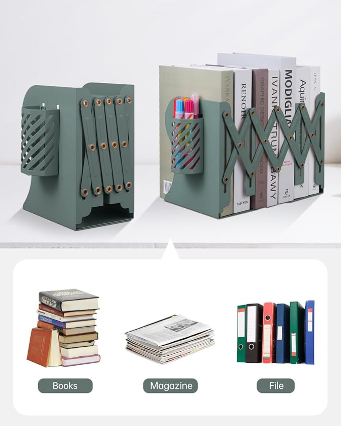 Honagu Adjustable Bookends, Metal Book Ends for Shelves Heavy Book, Desk Magazine File Organizer for Home, Office, Books, Papers, Extends up to 19 inches with Pen Holder (Green)