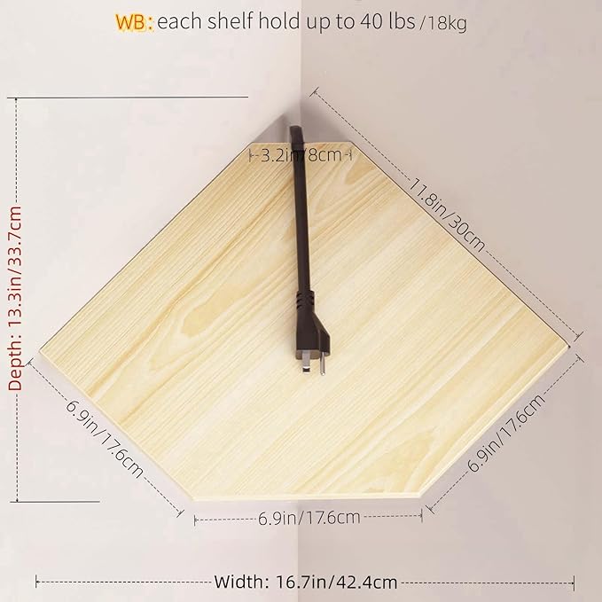 JJL Corner Shelves, 12 Inch Corner Shelf Wall Mounted with Wire Hole, 2 Tier 13.3 Inch Deep Wooden Corner Hanging Shelving for Wall Storage, for Speaker, Cable Box, Light White-NeatNest