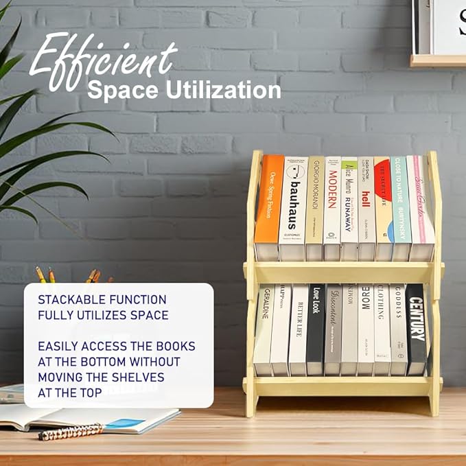 2 Pack Desktop Bookshelf, Stackable Book Organizer with Handle, Storage Rack for CD/Magazine/File Folder, Portable Small Bookshelf for Study, Living Room, Kid's Room, No Nails, Medium Size-NeatNest