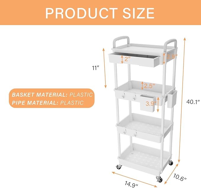 4 Tier Rolling Utility Cart with Drawer,REBECAT Utility Cart Made of Multifunctional Storage Organizer Tool for Kitchen,Bathroom,Living Room,Office(Gray)-NeatNest