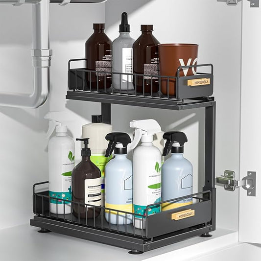 Under Sink Organizer, Pull Out Kitchen Cabinet Organizer, 2-Tier Metal Under Sink Organizers and Storage Height-Adjustable, Kitchen Bathroom Organizers and Storage Shelves, Black-NeatNest