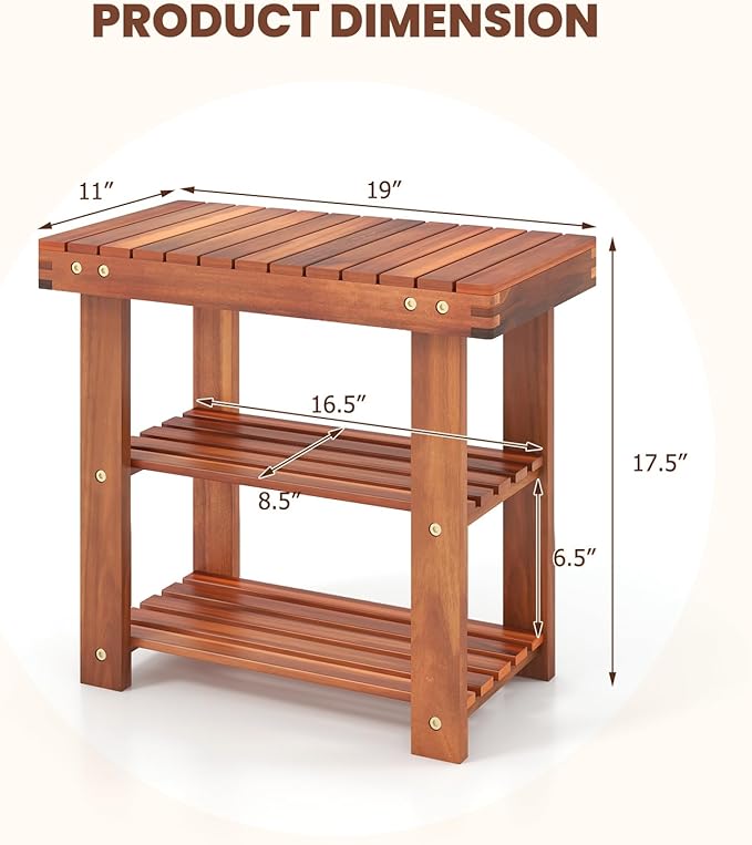 Tangkula Acacia Wood Shoe Rack Bench, 3 Tier Sturdy Bench, Storage Organizer, Holds up to 180lbs for Entryway, Bedroom, Living Room, Balcony, Teak Color (19-inch)-NeatNest