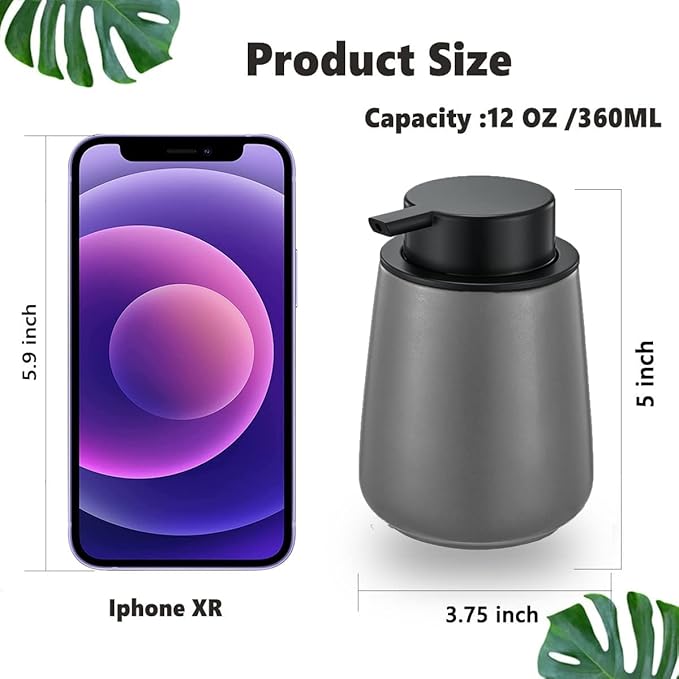 12Oz Grey Soap Dispenser Set - Ceramic Lotion Hand Soap Dispenser Set with Easy-to-Press Black Pump, Refillable Mordern Liquid Dish Soap Dispensers for Bathroom & Kitchen, 2 Pack-NeatNest