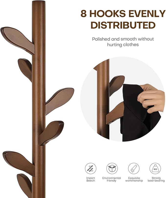 Coat Rack Freestanding Coat Tree Rack with 8 Leaf Hooks, 3-Size Height Adjustable for Adults and Younger, Clothes Hanger Stand for Jacket, Hat, Entryway, Hallway, Corner, Bedroom (Vintage Brown)-NeatNest