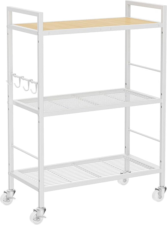 3-Tier Metal Storage Rack with Industrial Wheels,Mesh Shelving Unit with Wooden Table top,Adjustable Shelf,23.6-Inch Width,for Kitchen,Laundry,Pantry,Plant,Oak Panel and White Frame