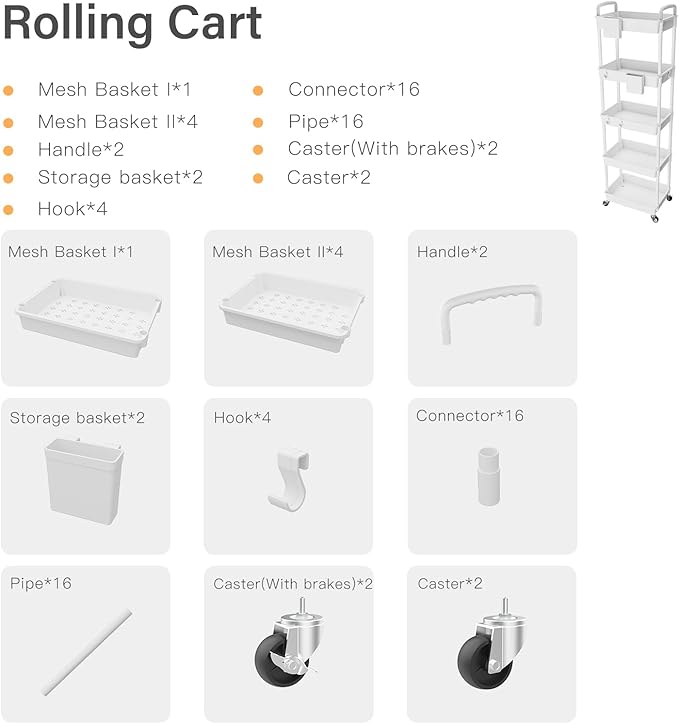 5 Tier Rolling Utility Cart with Handle,REBECAT Utility Cart Made of Multifunctional Storage Organizer Tool for Kitchen,Bathroom,Living Room,Office(White)-NeatNest