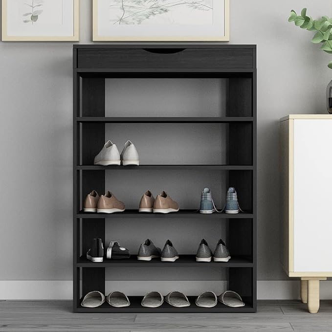 soges 5-Tier Wooden Shoe Rack with Storage Cabinet, 29.5 inches Vertical Free Standing Shoe Shelf, Shoe Organizer Storage Cabinet for Entryway, Living Room, Hallway, Doorway, Black-NeatNest