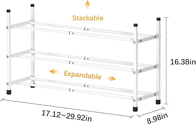 TZAMLI 3-Tier Shoe Rack for Closet, Expandable and Stackable Shoe Organizer Adjustable Metal Shoe Storage Small Shoe Shelf for Entryway Entrance, White-NeatNest