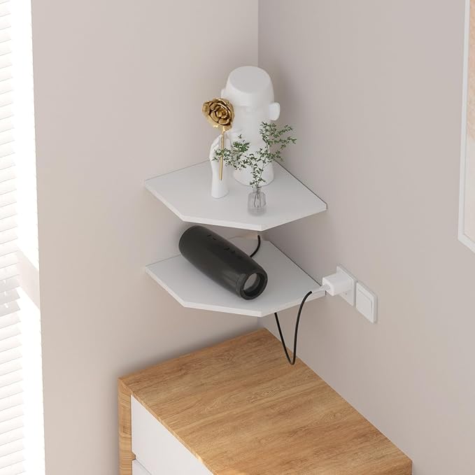 JJL Corner Shelf, 12 Inch Corner Shelf Wall Mounted with Wire Hole, 4 Tier 13.3 Inch Deep Wooden Corner Hanging Shelves for Wall Storage, for Speaker, Cable Box, White-NeatNest