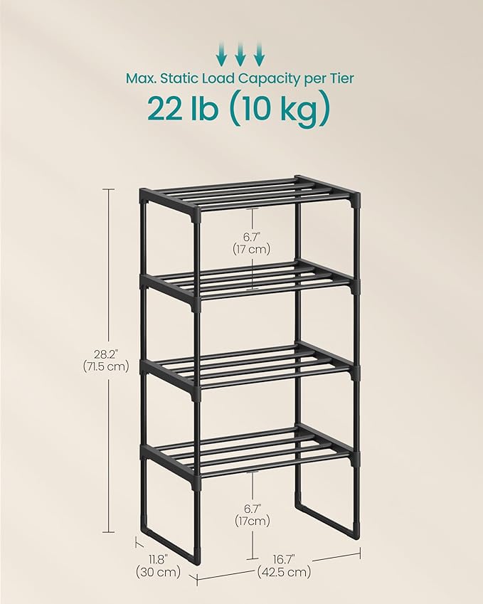 SONGMICS Shoe Rack, 4-Tier Shoe Organizer, Metal Storage Shelf, Upright or Upside Down, for 5-10 Pairs, Stackable, for Entryway, 11.8 x 16.7 x 28.2 Inches, Black ULSA004B01-NeatNest