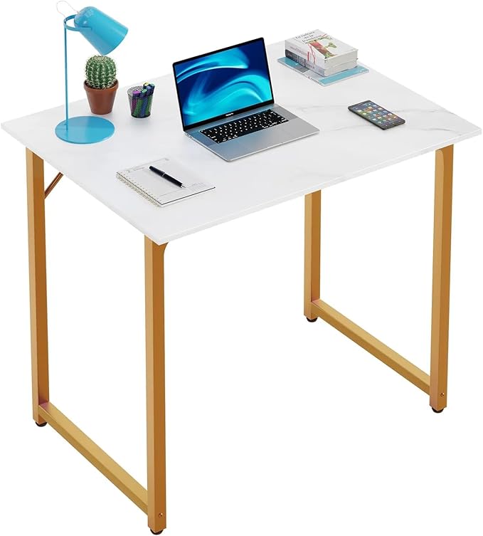 32 Inch Small Computer Desk for Bedroom，Sturdy Wooden Home Office Desk for Small Spaces，Simple Modern Style Tables with Metal Desk Legs Writing Study Table for Adults&Kids,White Gold