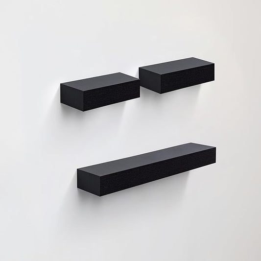 Floating Wall Shelves Set of 3 – MDF Wood Wall Mounted Shelf for Living Room, Bedroom, Bathroom, Office – Decorative Storage Racks for Plants, Photos, Books (Black, Medium Set)