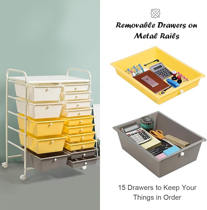 Giantex 15-Drawer Organizer Cart Office School Storage Cart Rolling Drawer Cart for Tools, Scrapbook, Paper (Yellow)