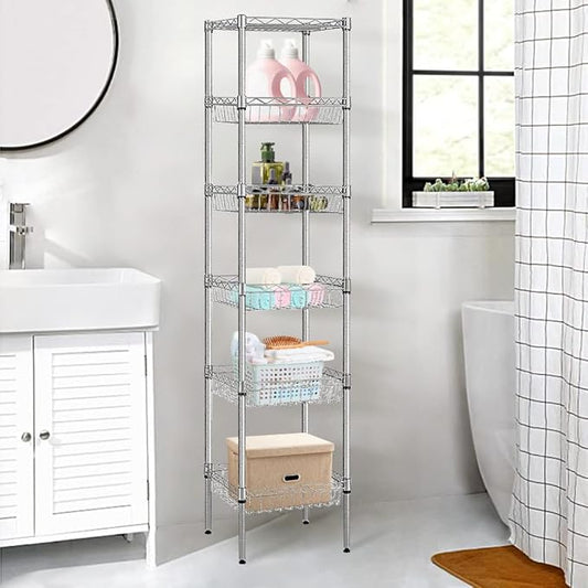 BNSPLY 6 Tier Wire Shelving Unit with Baskets Shelving, Height Adjustable Wire Shelves, Metal Storage Rack for Kitchen, Bathroom, Laundry Closet (13.5" D x 13.5" W x 63" H, Silver)-NeatNest