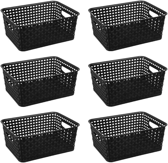 Black Plastic Woven Storage Baskets, 6-Pack Weave Basket Organizer for Kitchen Office Bathroom-NeatNest
