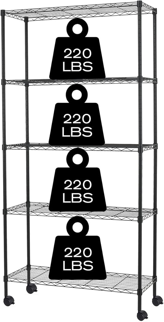 5-Tier Wire Shelving Unit Storage Shelves with Wheels Metal Shelves 60"x30"x14 Heavy Duty Metal Storage Rack NSF Height Adjustable for Home Kitchen Bathroom Garage Pantry Organization(Black)