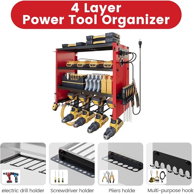 4 Layers Power Tool Organizer Wall Mount with Power Strip, Heavy Duty Metal Shelf, 400lbs Capacity for Cordless Drills, Batteries & Garage Storage (4 Slots with 2 Outlets Power Strip)