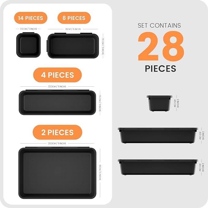 A-LuGei 【28PCS】 Drawer Organizer, Bathroom Organizers and Storage, Makeup organizer, Desk drawer organizer, Storage Bins for Kitchen Office Bedroom Vanity Jewelry Pantry Garage【Black】【4Size】-NeatNest