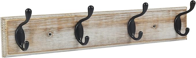 Coat Rack Wall Mounted, Entryway Wall Coat Rack with 4 Rustic Coat Hooks, 17” Vintage Pinewood Hanger Hat, Dual Hook for Hanging Keys Hats, Perfect for Entryway, Bathroom, Living Room