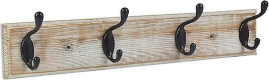 Coat Rack Wall Mounted, Entryway Wall Coat Rack with 4 Rustic Coat Hooks, 17” Vintage Pinewood Hanger Hat, Dual Hook for Hanging Keys Hats, Perfect for Entryway, Bathroom, Living Room