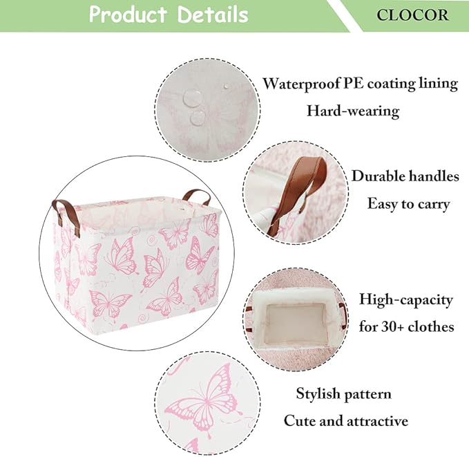 CLOCOR Rectangular Pink Basket, Collapsible Storage Bin, Waterproof Storage Box with Handles, Gift Organizer, Shelf Basket(Pink Butterfly)-NeatNest