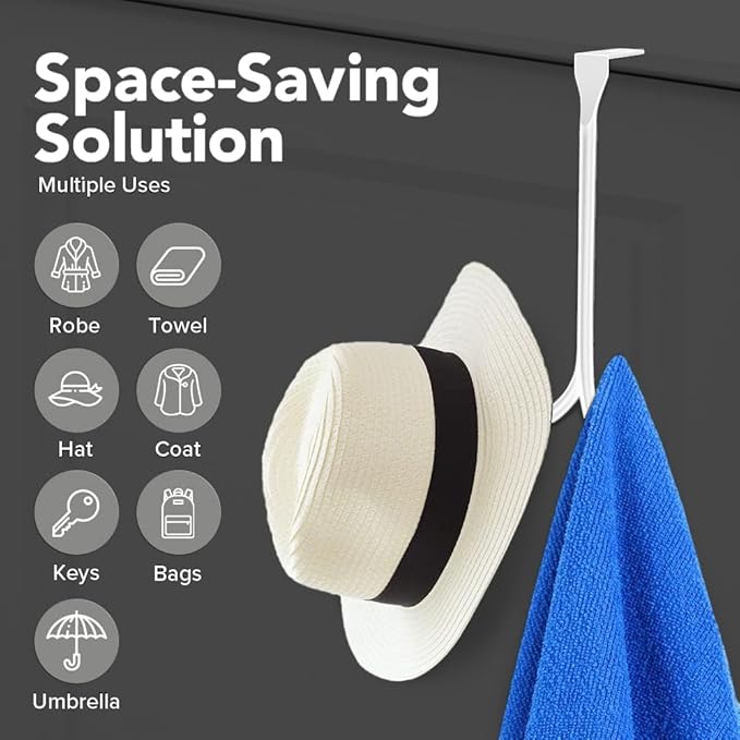 2-Pack Over The Door Hooks - with 2 Hang Heads & Snug Fit Pads Heavy Duty Hook for Hanging Coats, Towels, Caps & Robes - Elegant Matt Finish - No Drill Hanger Organizer - White