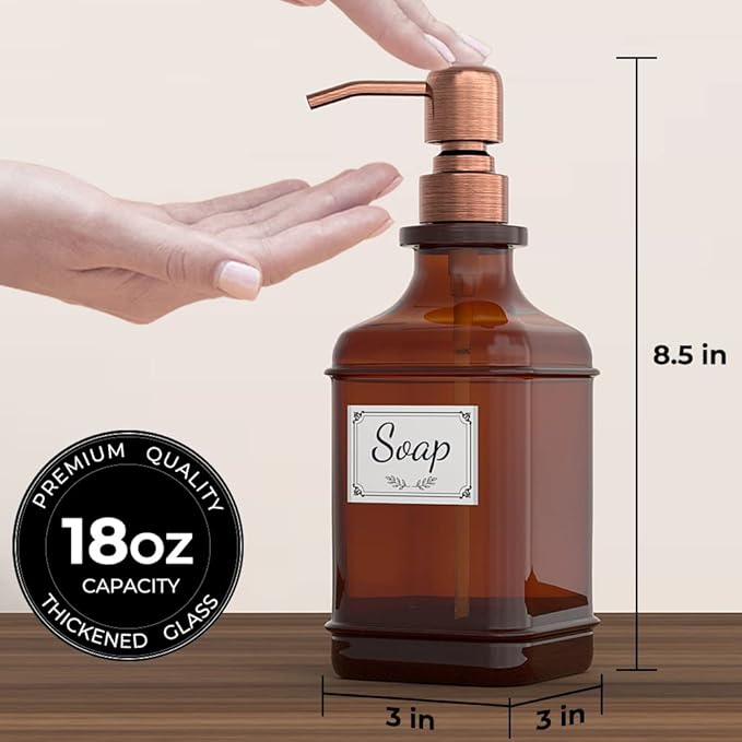 GLADPURE Soap Dispenser 2 Pack, Hand Soap Dispensers with 18 Oz Antique Design Thick Amber Glass Bottle, 316 Rust Proof Stainless Steel Pump, 6Pcs Stickers, for Lotion, Soap - Brushed Copper-NeatNest