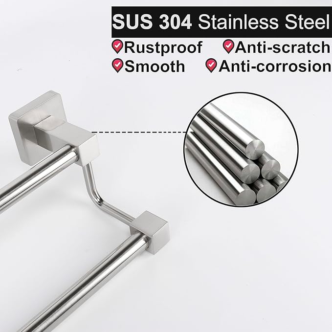 TocTen Double Bath Towel Bar - Thicken SUS304 Stainless Steel Towel Rack for Bathroom, Bathroom Accessories Double Towel Rod Heavy Duty Wall Mounted Square Towel Holder(Brushed Nickel, 24 INCH)