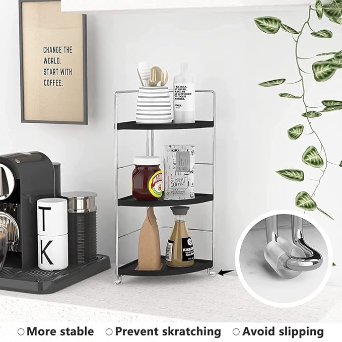 3-Tier Bathroom Countertop Organizer , Vanity Tray Cosmetic & Makeup Storage, Kitchen Spice Rack Standing Shelf , Corner Storage Shelf , Silver&Black-NeatNest