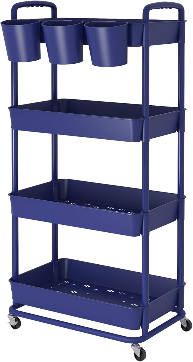 JIUYOTREE 4-Tier Plastic Rolling Storage Cart Utility Cart with Extra Hanging Cups Handles Lockable Wheels for Living Room Bathroom Kitchen Office Blue-NeatNest