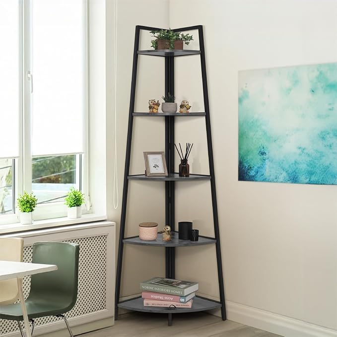 CAPHAUS Tall Corner Shelf Stand, 5-Tier Display Shelves, Ladder Corner Wood Storage Plant Bookshelf with Metal Frame, Versatile Shelving Unit Bookcase for Home Office Space, Dark Grey-NeatNest