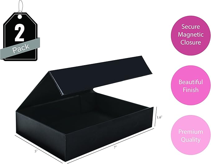 2 Pack Black Hard Gift Box with Magnetic Closure Lid 7" x 5" x 1.6" Rectangle Boxes For Gifts With Black Glossy Finish (Black, 2 Boxes)-NeatNest