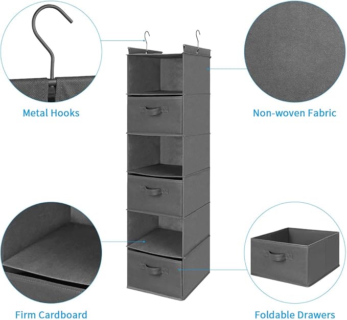 MAX Houser 6 Tier Shelf Hanging Closet Organizer, Closet Hanging Shelf with 2 Sturdy Hooks for Storage, Foldable (Grey-D3)-NeatNest