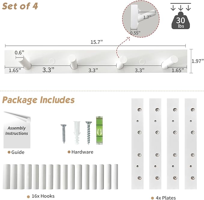 Forbena White Coat Hooks Wall Mount for Hanging 4 Pack, 16 Inch Wood Entryway Coat Rack Wall Mounted Heavy Duty, Modern Large Wall Hooks for Hats Kids Clothes Bags Purses Caps Closet - 16 Hooks