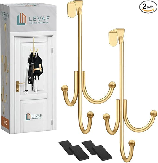 2-Pack Over The Door Hook - with 3 Hang Heads & Snug Fit Pads- 2Pcs Heavy Duty Hooks for Hanging Coats, Towels, Caps & Robes - Elegant Matt Finish - No Drill Hanger Organizer - Gold