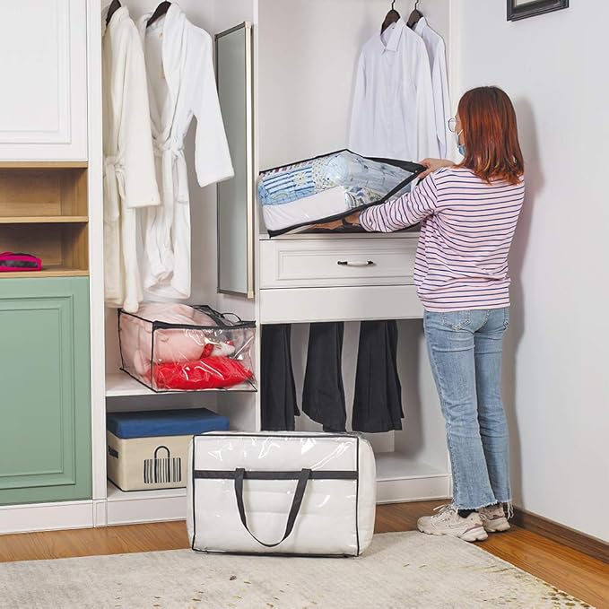 Clear Clothes Storage Bag Organizer with Reinforced Handle, Vinyl Storage Bags for Comforter, Blanket, Bedding, Toys, Transparent Moving Totes with Sturdy Dual Zippers, 3 Pack, 55 L, Black-NeatNest