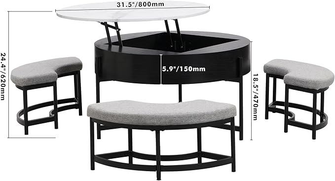 Modern Round Lift-Top Coffee Table with Storage & 3 Ottoman for Living Room White & Black