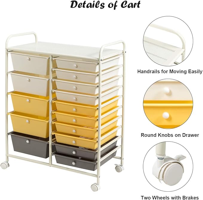 Giantex 15-Drawer Organizer Cart Office School Storage Cart Rolling Drawer Cart for Tools, Scrapbook, Paper (Yellow)
