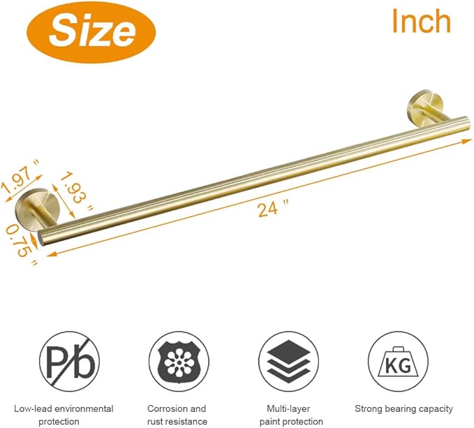 TocTen Bath Towel Bar - Thicken SUS304 Stainless Steel Bathroom Towel Holder, Towel Rod for Bathroom Heavy Duty Wall Mounted Towel Rack Hanger (24IN, Gold)