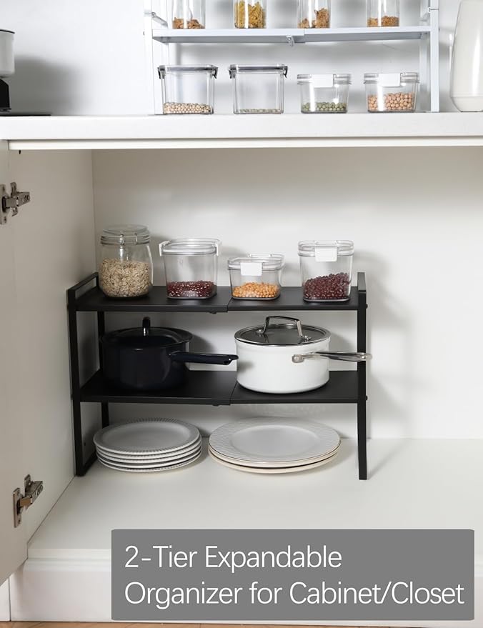 2-Tier Expandable Shelf Organizer for Kitchen Cabinet, Countertop, Pantry & Under-Sink Storage(Black)-NeatNest