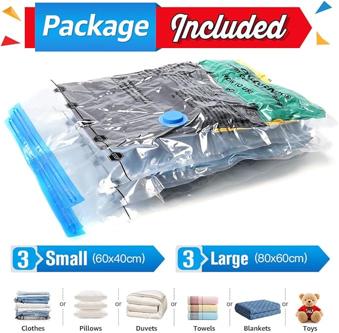 BoxLegend Vacuum Bag 6 Pieces, 3L*80x60cm +3S*60x40cm,Vacuum Storage Bag Travel Vacuum Reusable Garment Bag for Clothing Duvets Bed Wash Pillow Wool Blankets-NeatNest