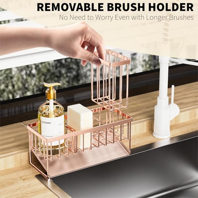 Cisily Sink Caddy Organzier with High Brush Holder, Sponge Holder for Sink, 304 Rustproof Stainless, Kitchen Countertop Soap Dispenser Organizer, Rose Gold Kitchen Decor and Accessories-NeatNest