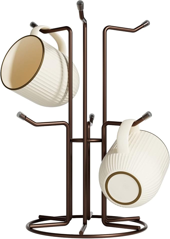 HULISEN Mug Holder for Large Cups, Mug Tree for Counter with 6 Hooks, Metal Coffee Mug Stand for Easy Pick, Place and Display, Coffee Bar Accessories and Decor, Free Standing Mug Rack, Brown-NeatNest