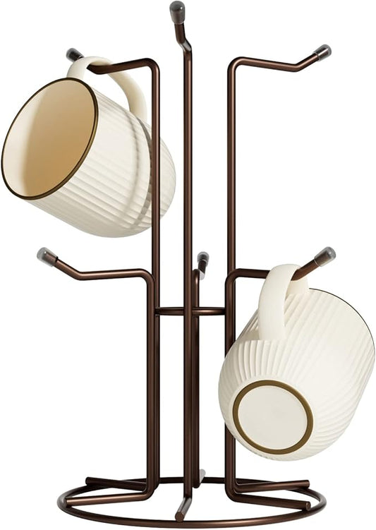 HULISEN Mug Holder for Large Cups, Mug Tree for Counter with 6 Hooks, Metal Coffee Mug Stand for Easy Pick, Place and Display, Coffee Bar Accessories and Decor, Free Standing Mug Rack, Brown-NeatNest