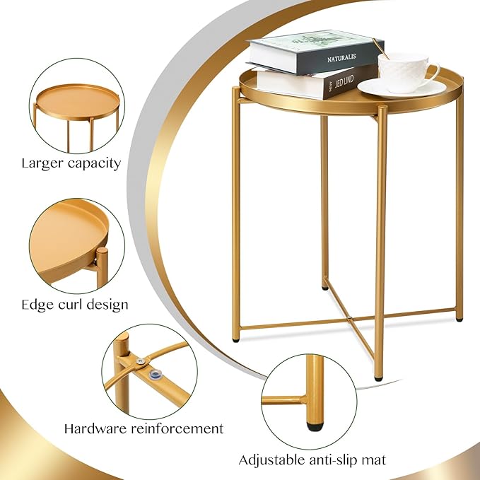 danpinera Gold Side Table 2 Pack, End Table for Small Spaces Outdoor Accent Table Round Metal Patio Coffee Table Waterproof Removable Tray for Living Room Bedroom Balcony Office-NeatNest