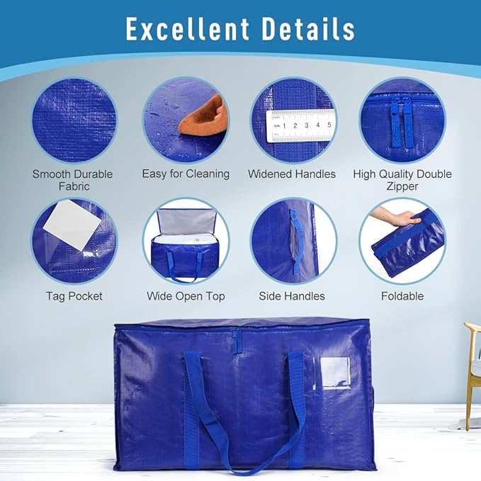 Extra Large Moving Bags Heavy Duty Totes for Storage Packing, Space Saving, Traveling, with Zippers & Strong Carrying Handles (Set of 8)