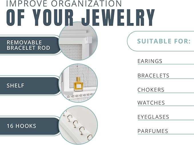Comfify Rustic Jewelry Organizer - Wall Mounted Jewelry Holder w/Removable Bracelet Rod, Shelf & 16 Hooks - Perfect Earrings, Necklaces & Bracelets Holder - Pure White-NeatNest