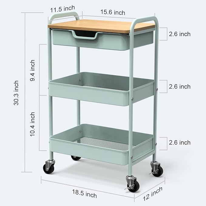 3 Tier Rolling Cart, Utility Cart with Drawer and Table Top, Metal Rolling Kitchen Storage Organizer Cart with Handle and Locking Wheels for Bathroom Office Balcony Living Room-NeatNest